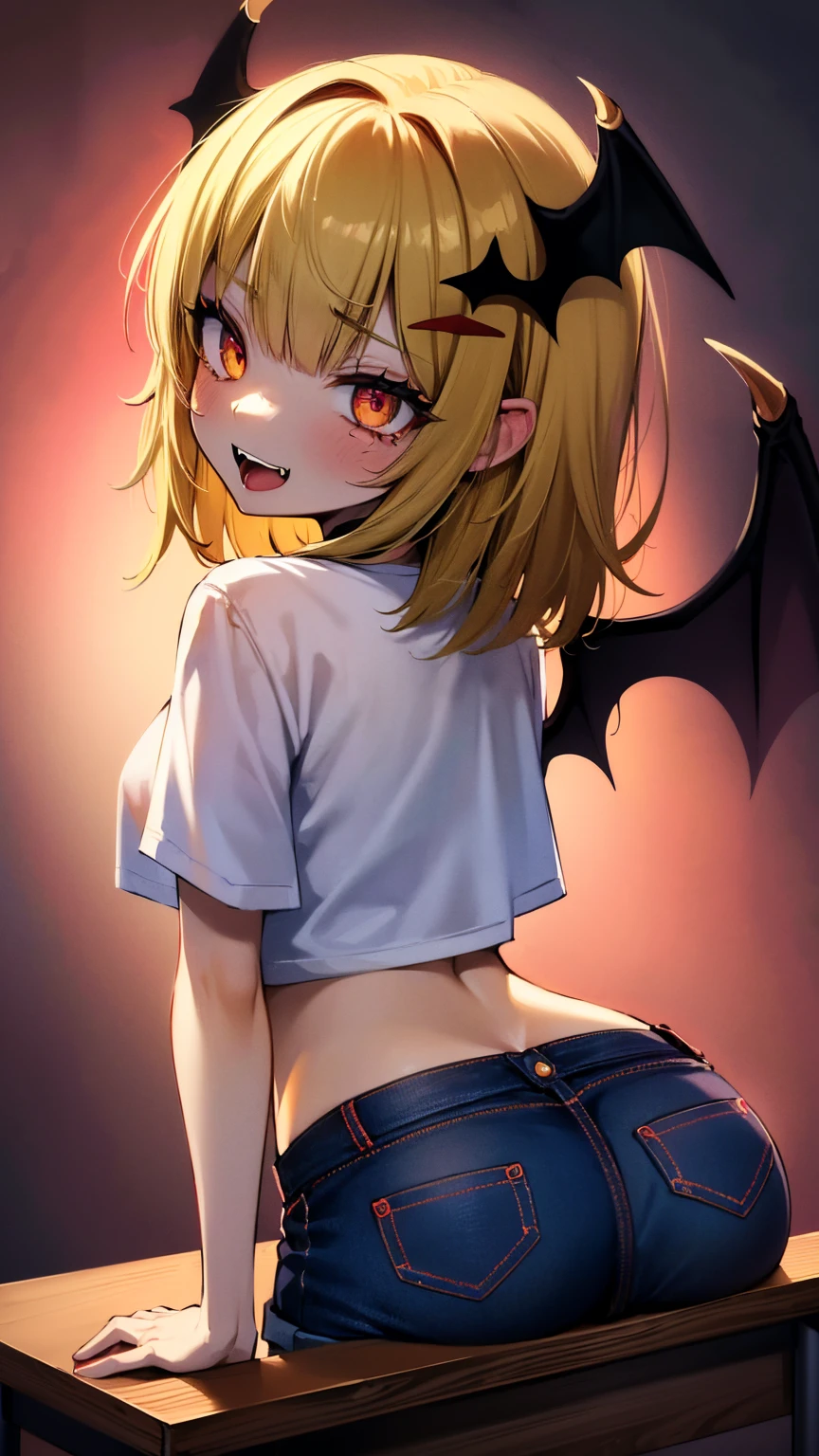 (best quality,4k,highres),y demon ,open denim shorts,white wet t-shirt,bare midriff,underboob,batwings,dracula fangs,gazing at viewer,portraits,vivid colors, Blonde hair,dark and atmospheric lighting, Bent over a desk, showing assulling down her pants