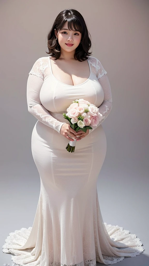 8k, ultra-high resolution, highest quality, masterpiece:1.2), ultra-realistic, (realistic, photorealistic:1.37), (realistic skin:1.2), ultra-detailed, Canon EOS RP, 8k, Korean mature woman, smiling,(((super obese))), (((super curvy,))) ((super voluptuous,)) adult model, (standing still), ((full body shot)), thick ankles, (short hair), (empty space), (pale pink background only),(wedding dress), (bouquet),