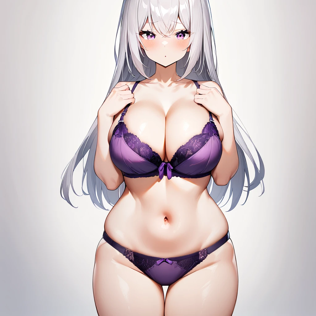 (1girl),big breast,absurdres,best quality,very aesthetic,absurdres,bra,(light silver White hair),Thighs,(purple bra),(straight-on)