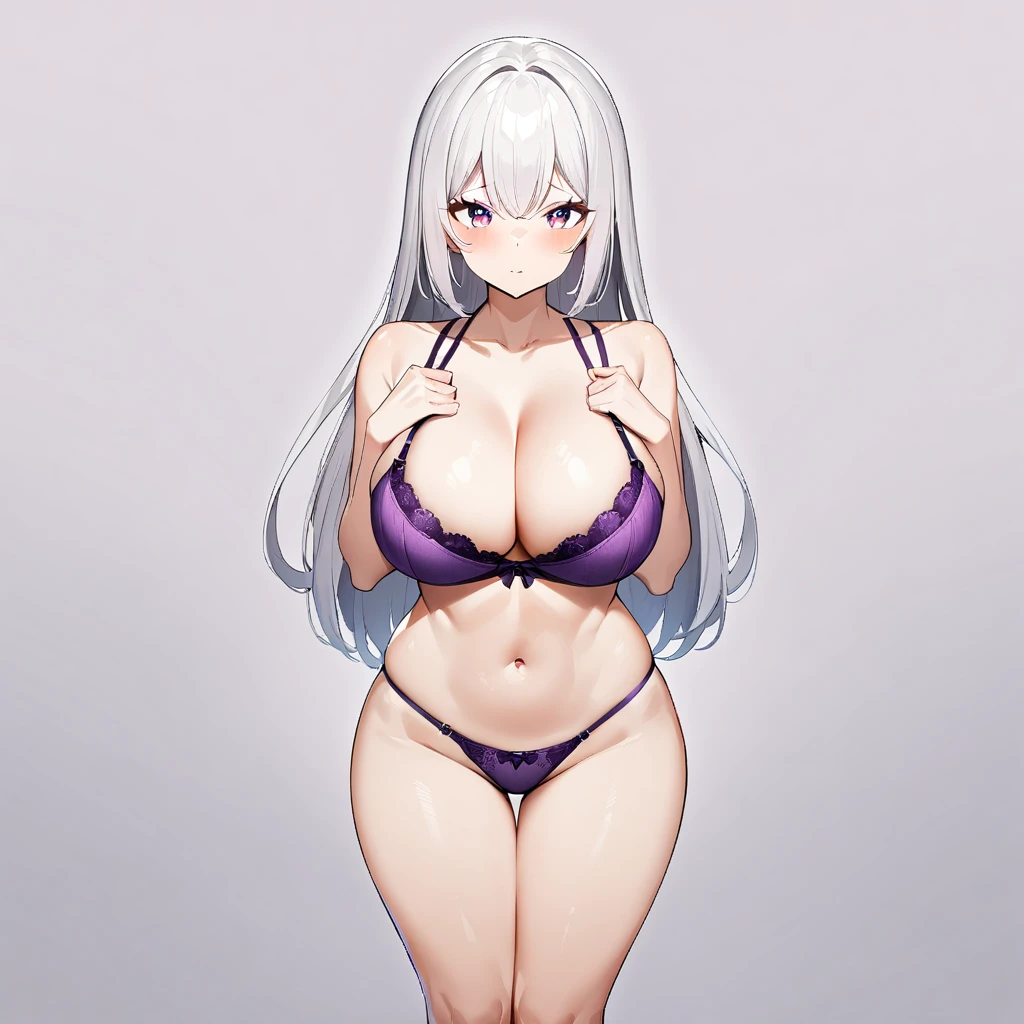 (1girl),big breast,absurdres,best quality,very aesthetic,absurdres,bra,(light silver White hair),Thighs,(purple bra),(straight-on)