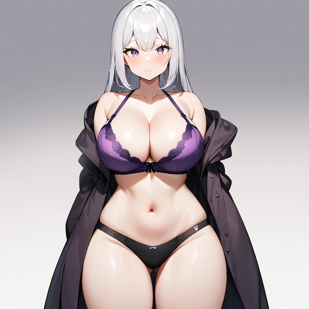 (1girl),big breast,absurdres,best quality,very aesthetic,absurdres,bra,(light silver White hair),Thighs,(purple bra),(straight-on)