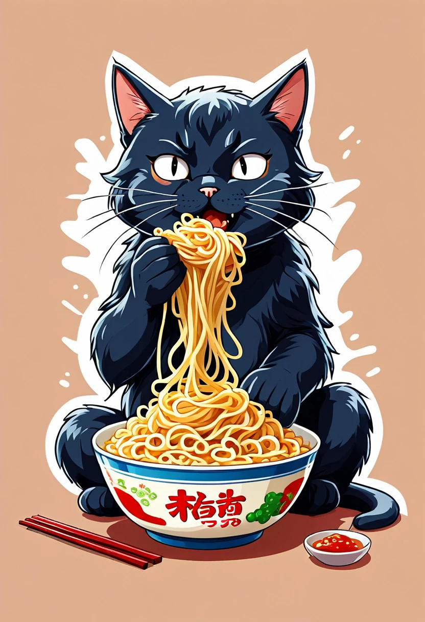 Cat eating instant noodles, manga comics style illustration, oversimplified, simple background