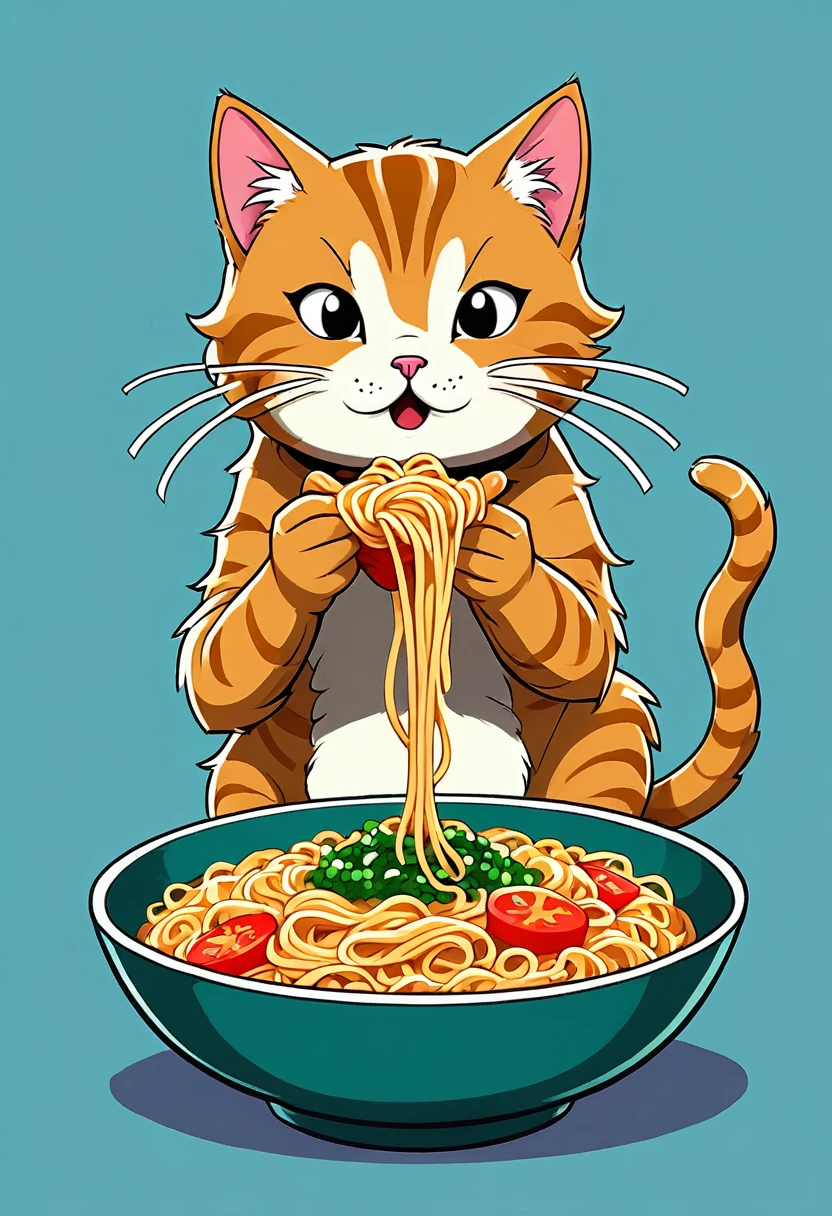 Cat eating instant noodles, manga comics style illustration, oversimplified, simple background