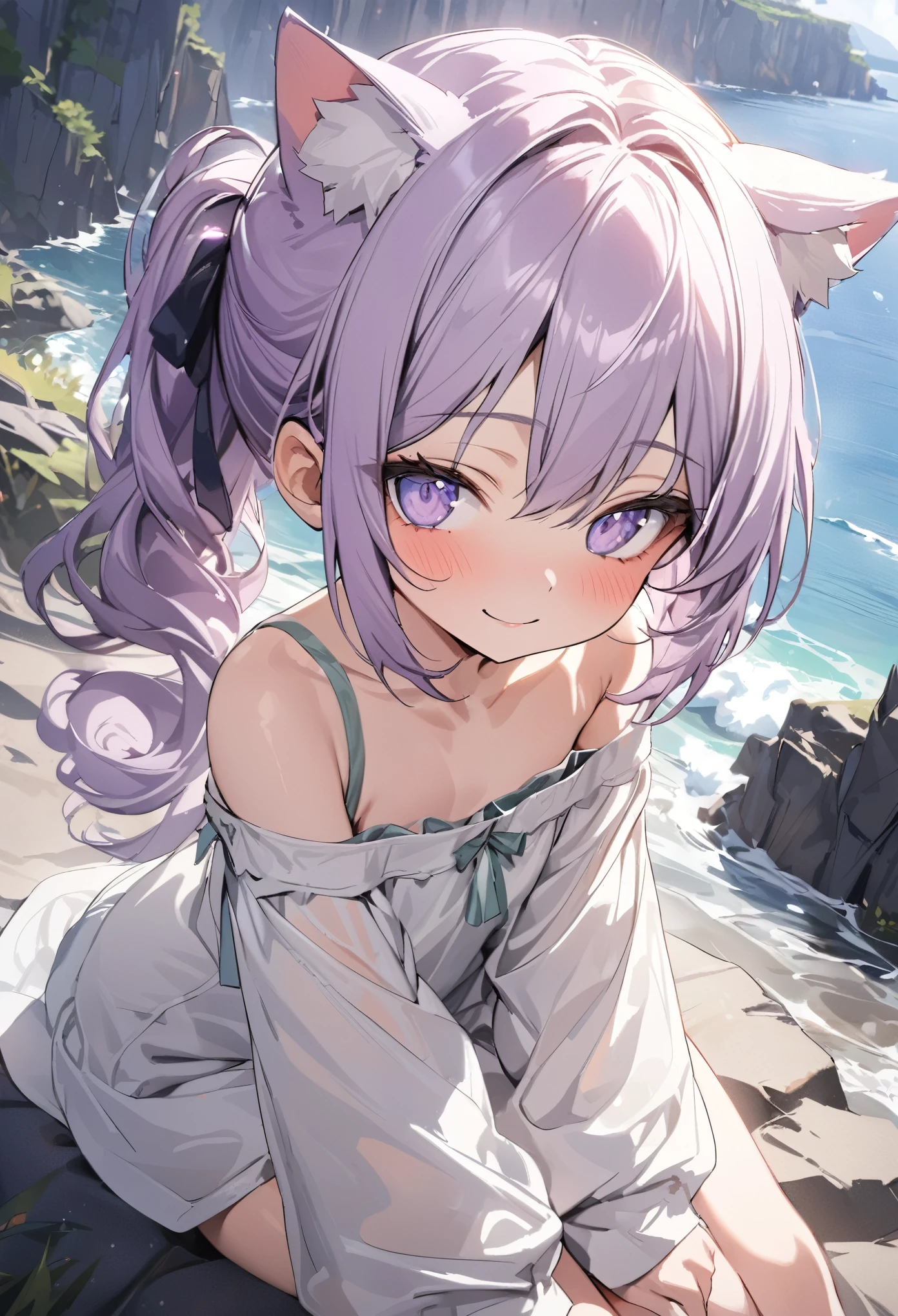 ((Masterpiece)), ((best quality)), (Anime:1.3), (super detail:1.2), (High Definition:1.3), (Professional Photography:1.3), (wide shot), (sharp focus), (perfect light), ((12 years old)), (1girl), put on cat ears, cute teenage girl, blush, smile, (messy long ponytail), pale purple hair, cute eyes, (Healthy slim body), (slightly Off-shoulder long sleeves), ((white long sleeves)), black inner, high res, ((beautiful eyes)), BREAK, ((best quality)), (super detail:1.2), loose sitting, Beautiful Cliffs over 100 meters above sea level,