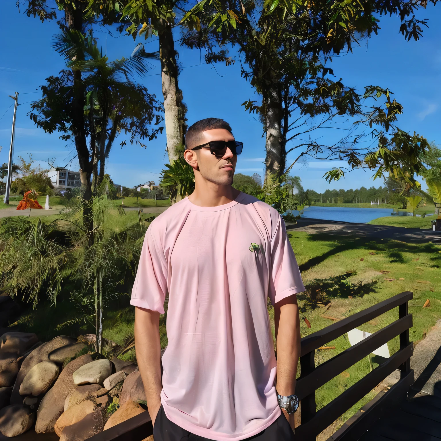 handsome man with sunglasses and short-sleeved coral shirt