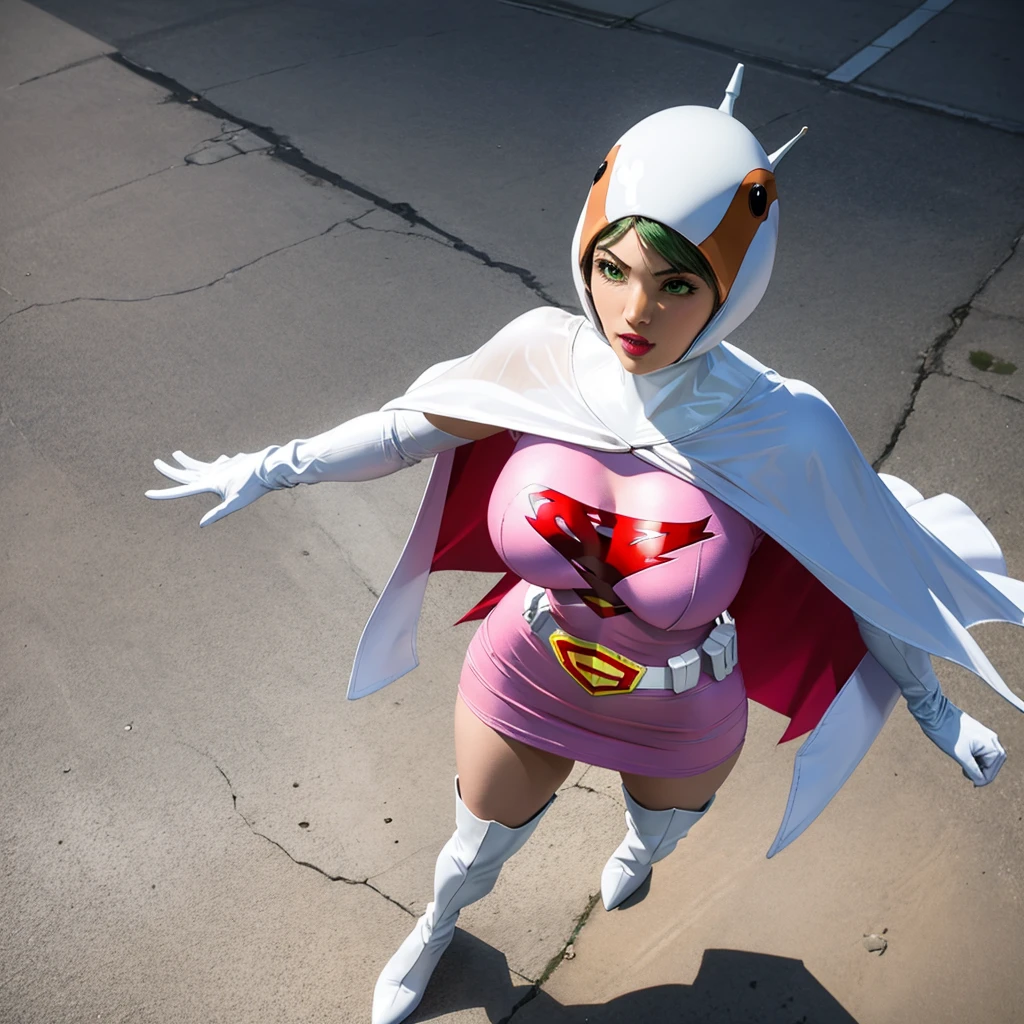 ANI_CLASSIC_jun_gatchaman_ownwaifu,1girl, ,good anatomy, masterpiece, best quality,realistic, hyperrealistic, 16k hdr, long hair,breaen eyes,lips,large breasts,lipakeup,gloves,cape,helmet,belt,elbow gloves,white gloves,mask,ultra miniskirt,leotard,spacesuit,white tight overknee highheels boots,pink dress,superhero,bodysuit,cleavage,erected nsexy pose from abpread leg.1),cameltoe