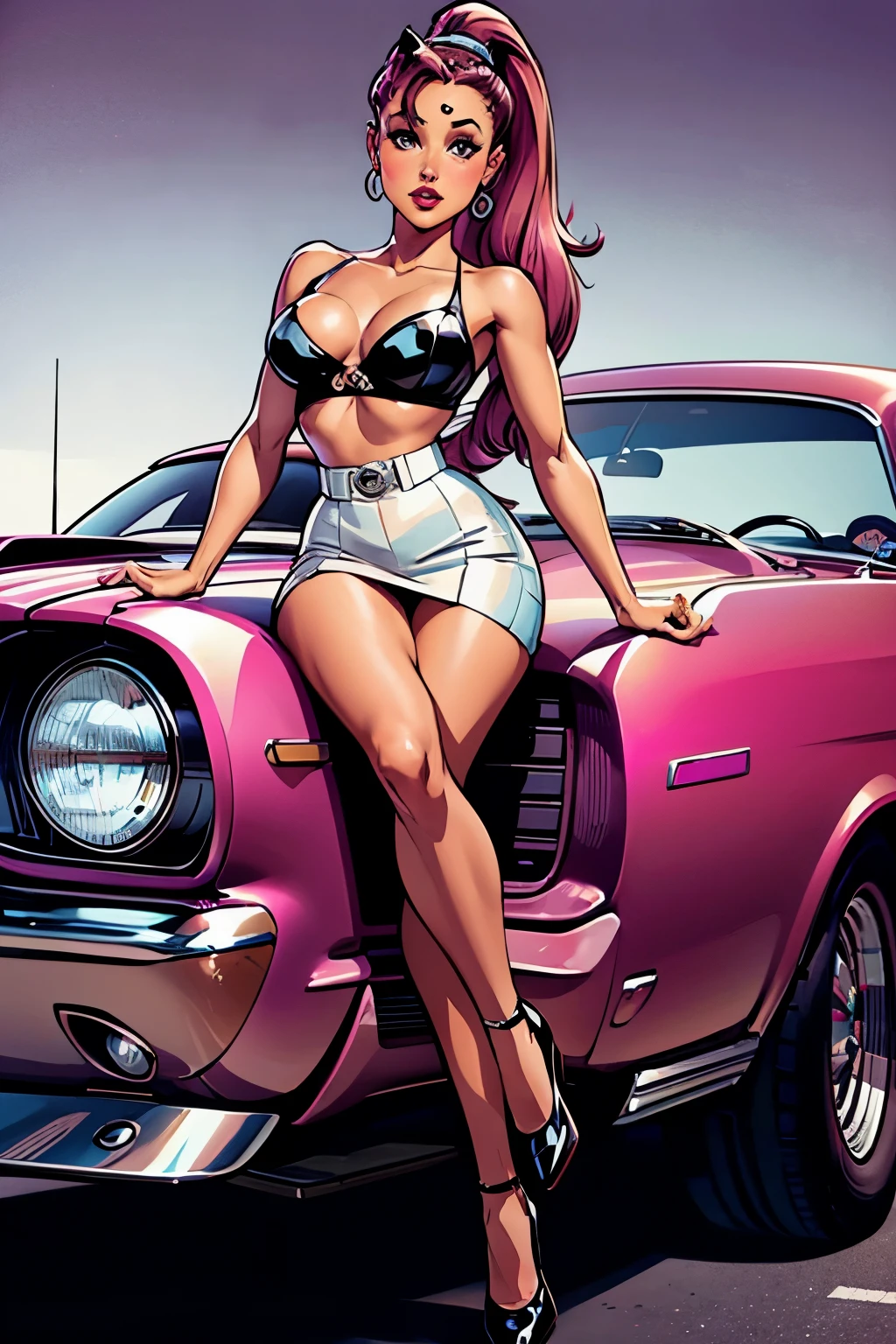 Ariana Grande, ponytail, beautiful_face, detailed_face, 50s, 50s, pin-up, leaning on a ford_mustang,  full_body