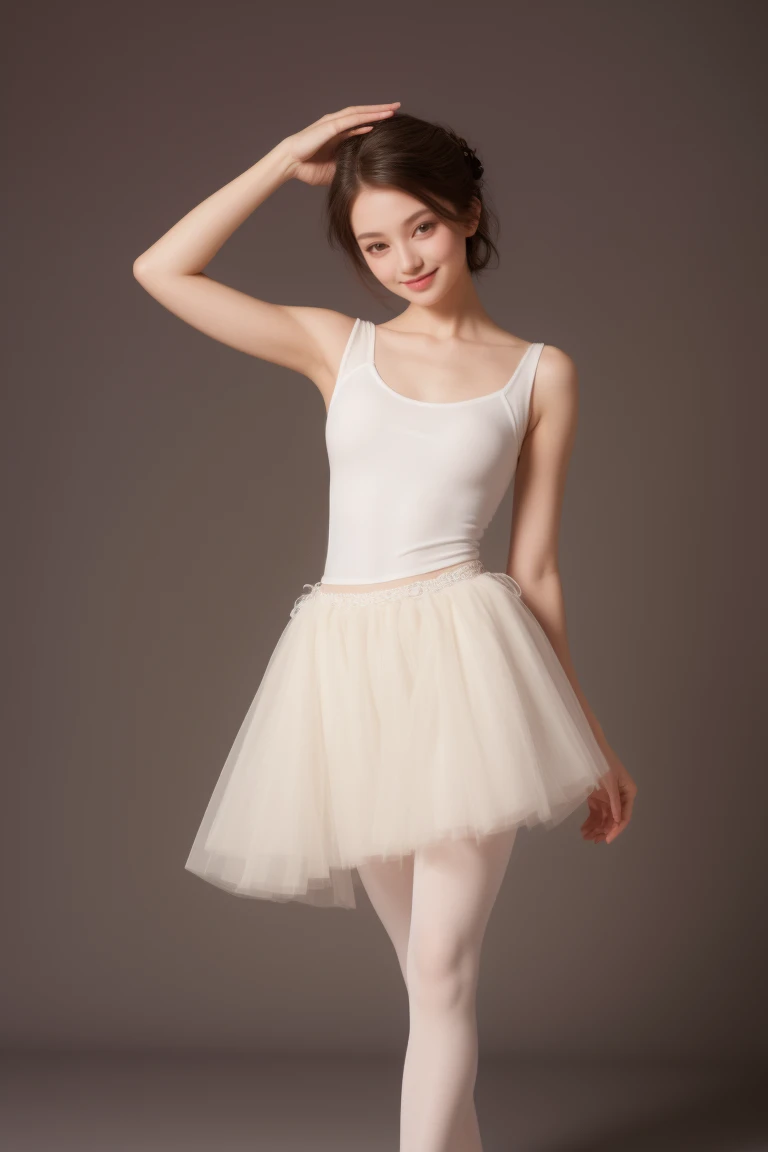 Fashion Model Photography, Ballet skirt, Strong sense of design, Medium shot, Star Girl, short hair, Hair accessories, Delicate skin, Smile, Simple background, High quality, Glare backlight, Professional studio lighting