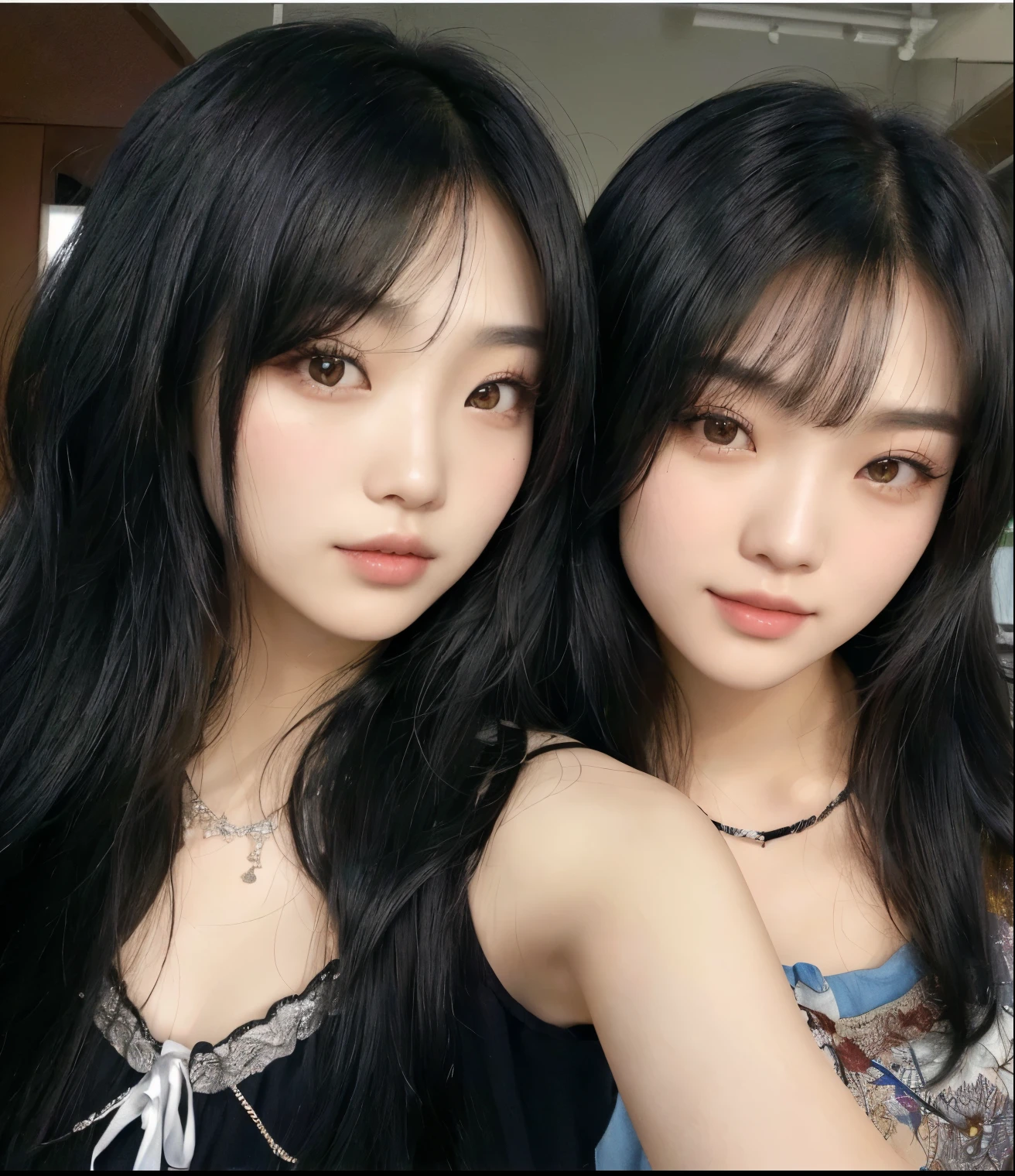 Two Asian women with long black hair posing for a photo., ulzzang, she has black hair con flequillo, con negro, pelo cortado hime negro, flequillo negro, con flequillo, Lalisa Manobal, long black hair con flequillo, yoshitomo nara and aya takano, cabello con flequillo negro, con flequillo completo, rasgos de la cara coreana