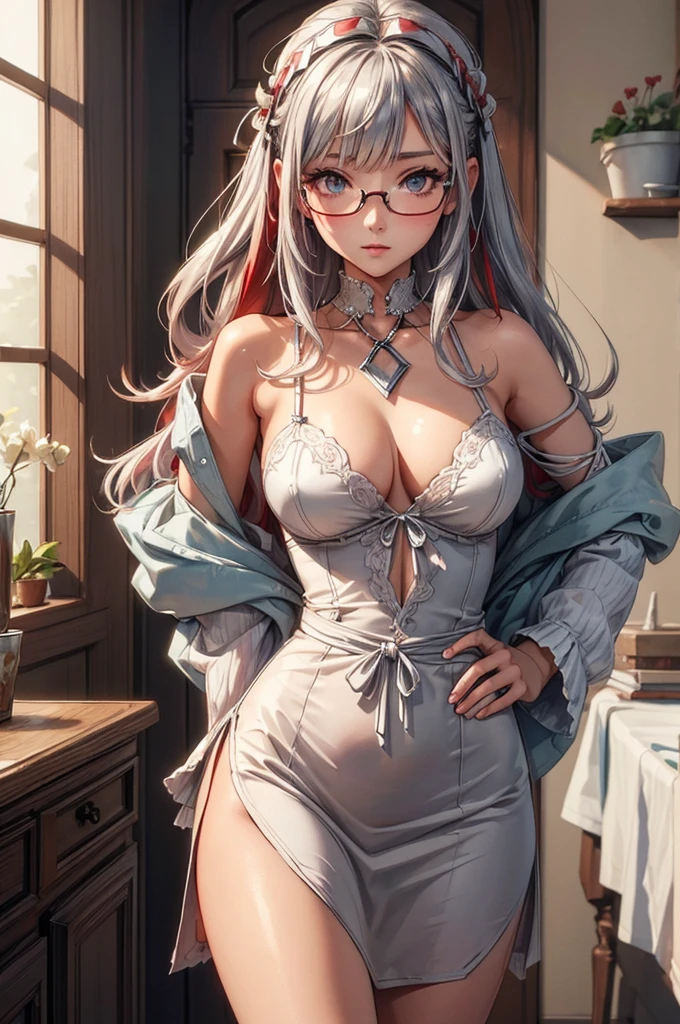 ((Sketch)), ((Watercolor)),((best quality)) ((best quality)), ((masterpiece)), (detailed), HD, Highly Detailed, 4k image, anime style, beautiful young girl, tanned white skin, waist-length silver-red colored hair, soft facial features, heterochromatic eyes(left eye: silver)(right eye: red), gothic sundress, cherry red plump lips, large E-cup breasts, short height(160cm). wide hips and large round ass, silver round-frame glasses