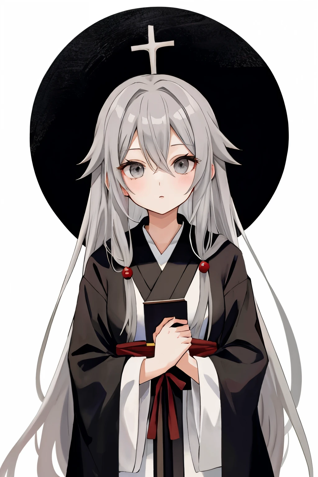 anime girl with long grey hair and grey eyes wearing black church robes