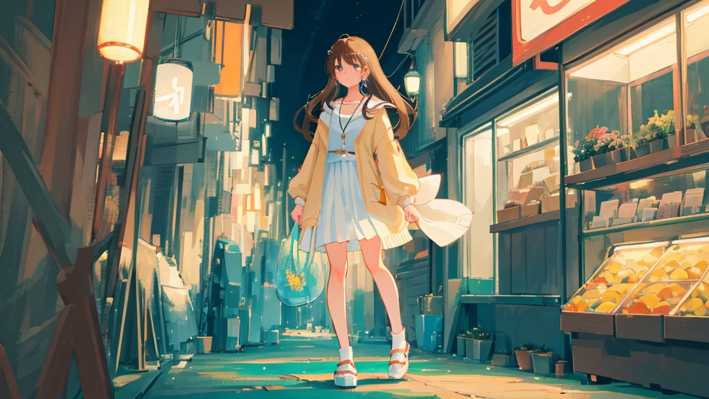 A high-quality, natural photo of a beautiful Japanese teenage girl with a round, youthful face and a healing aura. She has long, silky brown hair and is wearing a beige cardigan over a white camisole. She has a single-point necklace and earrings. The background is a neon-lit night street, and she is looking into the distance with a thoughtful expression. Full body shot.