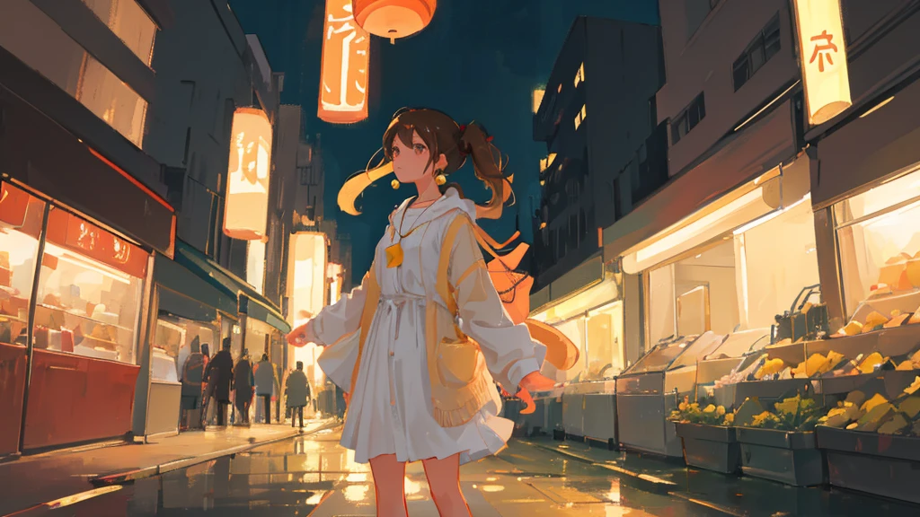 A high-quality, natural photo of a beautiful Japanese age girl with a round, youthful face and a healing aura. She has long, silky brown hair and is wearing a beige cardigan over a white camisole. She has a single-point necklace and earrings. The background is a neon-lit night street, and she is looking into the distance with a thoughtful expression. Full body shot.