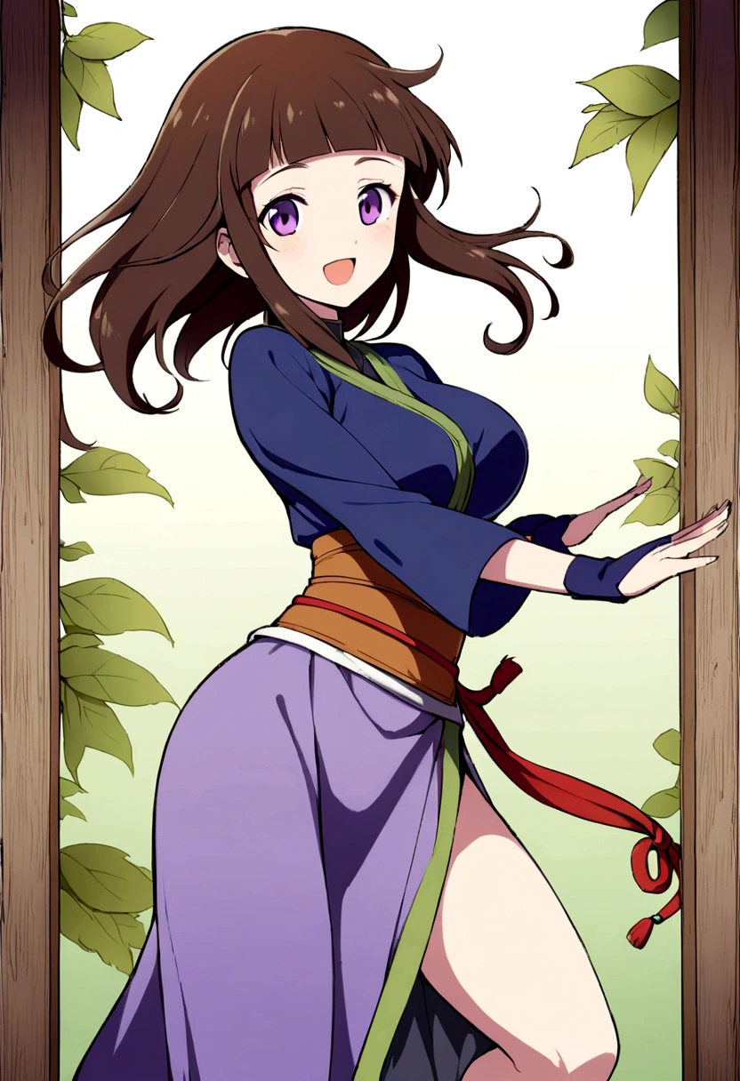 illustration of ninja from the leaf village, beautiful with long brown hair, beautiful breasts, perfect body, purple eyes