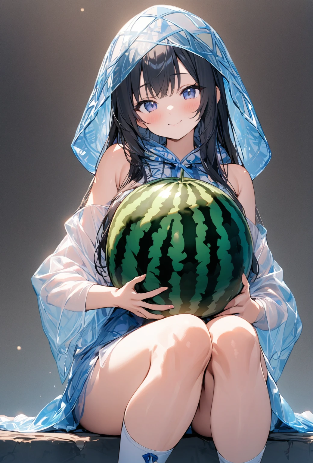 ((Highest quality)), ((masterpiece)), ((Very detailed)), (Very mature),A cute, gentle-looking woman with black hair and about 165cm tall.,A high school girl with a cute smile and a chest the size of a watermelon, wearing a transparent blue waifus with a cute patterned hood and bare shoulders, alone, Cute attitude,(background(bright),Long Hair - Straight,Knee-high socks、A transparent blue veil with a cute pattern and white hood with off-the-shoulder sleeves,White wall、Sitting、Facing the viewer、縁に模様がある壁が1面のbackground
