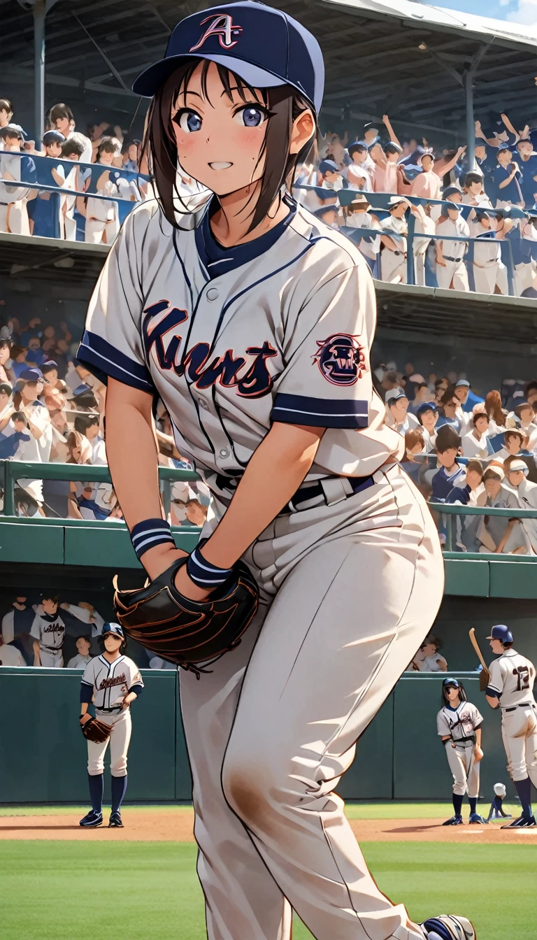 there is a man that is standing on a baseball field, a picture inspired by Kinichiro Ishikawa, flickr, shin hanga, akikazu mizuno, trout sticking out of pants, koji morimoto, style of kentaro miura!!!!, female baseball player, kazuya takahashi, yukio - e, koju morimoto