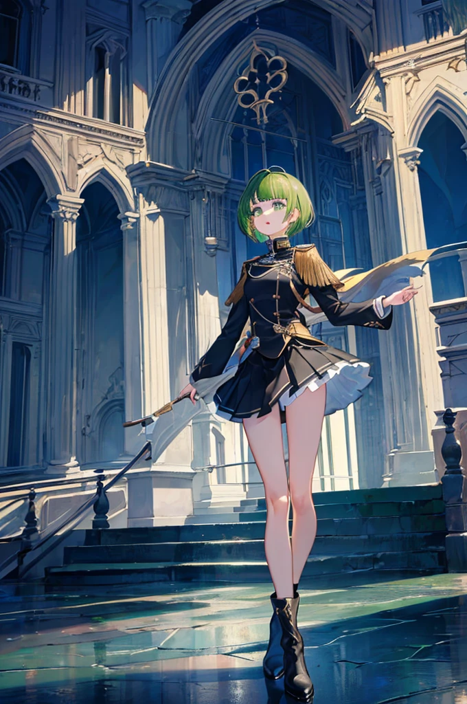 [(with a cathedral background:1.4)::5],original,(shape:1.1),(highest quality),(Tabletop:1.1),(Highly detailed CG Unity 8k wallpaper:1.1), (colorful:0.9),(Mid Shot:0.95),(very detailed beautiful whole body),Dynamic Angle,(alone:1.2), (girl),(((Adult))), (Beautiful eyes in every detail:1.15), (Beautiful Face:1.15), (Glowing green eyes:1.25////),(Gemstone Eyes),(Green Short Hair),(Blunt bangs),((The girl wear a black knight uniform)),Realistic,, girl,Green Hair,((Black long boots)), Black mini skirt,Black knee socks(rage),(Contempt and contempt),rage,(beautiful slender girl),((Adult)),((whole body)),Valkyrie, Decorations,((Thin legs)),((slender girl)),Front Angle,Front Angle,