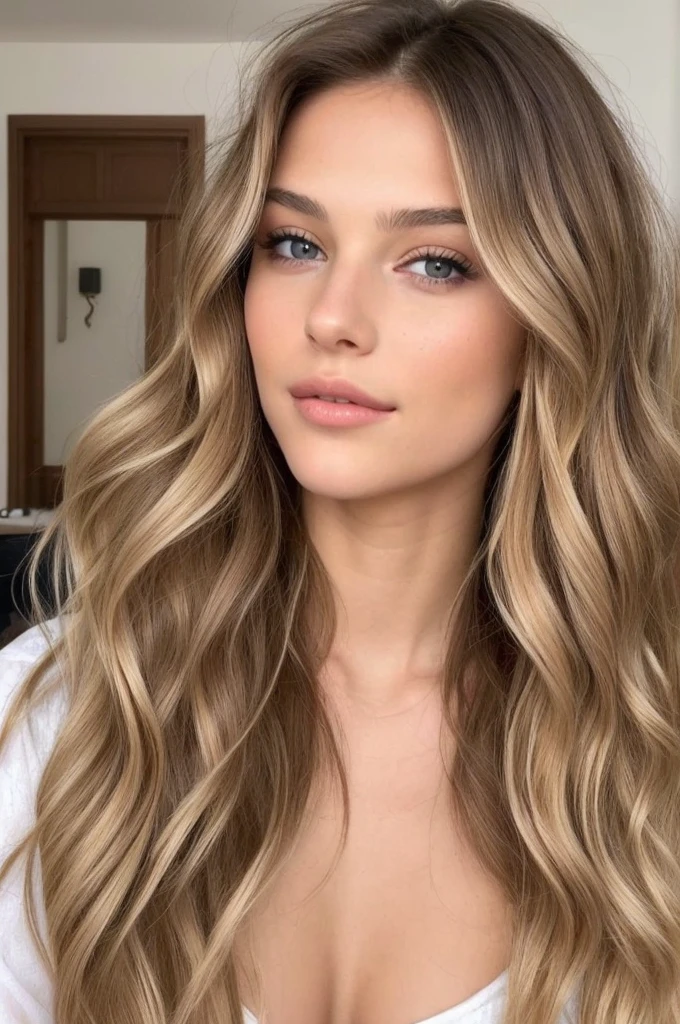 wavy brunette,meches blondes, avec un grain de beauté sur le visage generer cette femme sous plusieurs angles