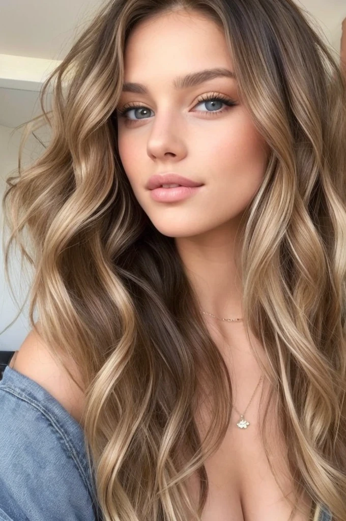 wavy brunette,meches blondes, avec un grain de beauté sur le visage generer cette femme sous plusieurs angles