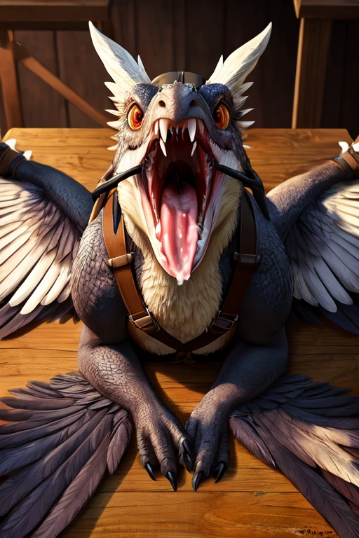 Tiny Dead, feathered wyvern body laying on the table. Wings spread out and Strapped to the table with leather straps. Mouth wide open with no teeth and fangs and tooth, close up. Milk dripping out of mouth splattering onto the table. Milk inside mouth. Photorealistic. Head tied down to the table. 