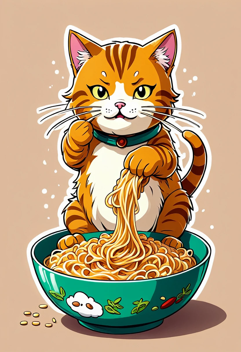 Cat eating instant noodles, manga comics style illustration, oversimplified, simple background