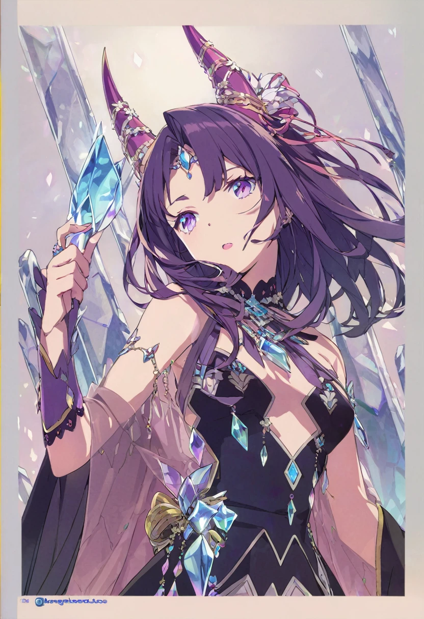 young girl with long light purple hair, purple eyes, fox ears, two crystal foxtails, and three crystal marks on the forehead