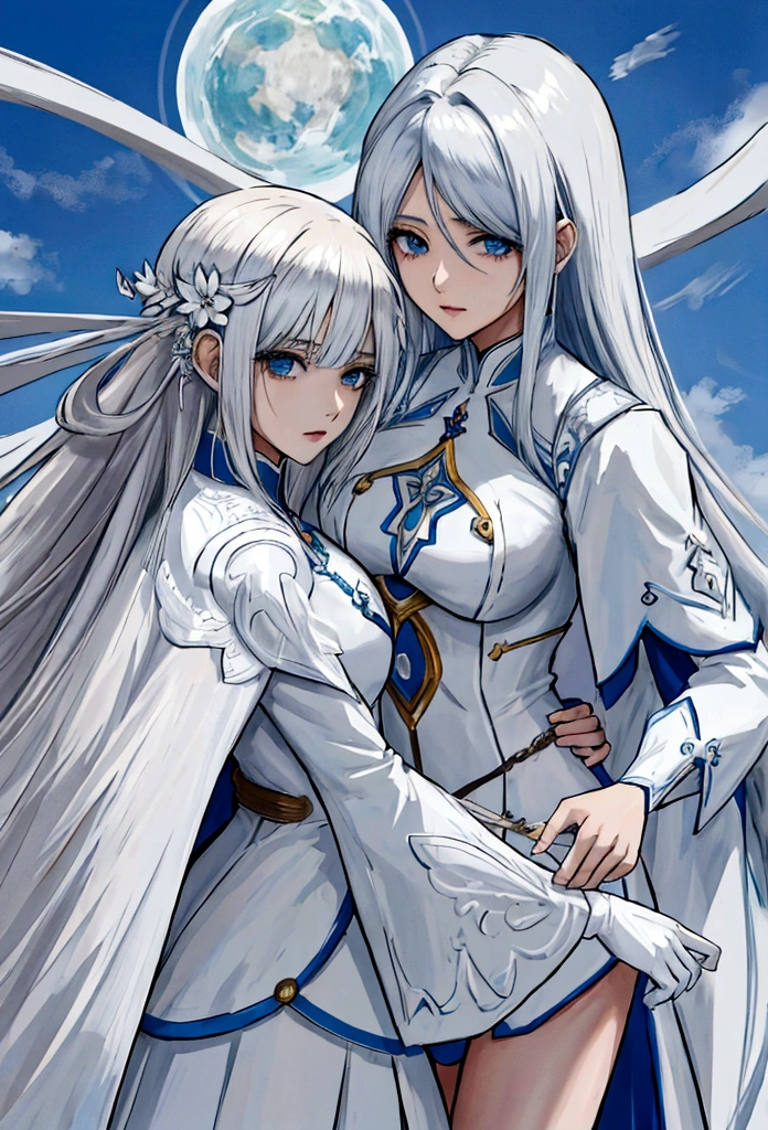mulher de anime, cabelos brancos com pontas azuis, vestes azuis com branco, estilo atack on titan