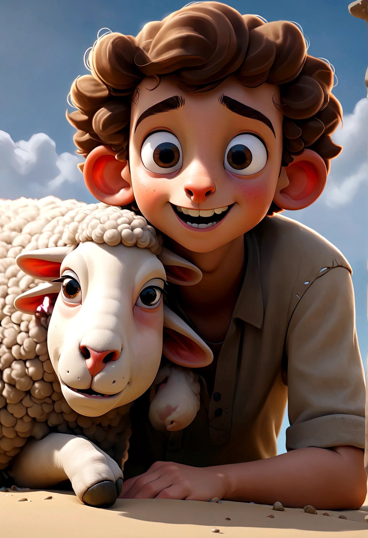 boy, beached, and next to him is a sheep, Broad smile, detailed face, complex parts, very detailed, Cinematic lighting, dramatic shadows, vibrant atmosphere, digital painting, masterpiece, Best quality, very aesthetic