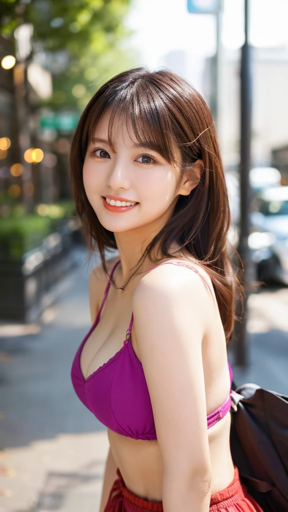 Highest quality、8k wallpaper、Reality:1.4、Cinema Lighting、View your viewers、background:urban office district(Outdoor)、1 beautiful girl、Japanese Idol、30 years old、Beautifully detailed eyes、Detailed face、Beautiful Skin、Slender、Slim waist、Thin legs、Red lipstick、Fancy hairstyle:1.5、The sunlight hits her hair and it shines golden、Profession:secretary、smile:1.2、Big Tits