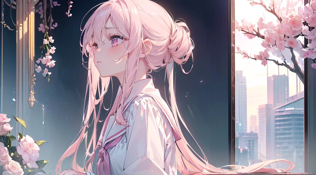 (((Highest quality、masterpiece、Ultra-fine、Ultra-fine、Exquisite、16k、Full HD,high school girl,))) 、Sitting,((Sad), (((profile,Looking up)))) 、Dark Eyes、Long eyelashes、White skin、(Pale pink lips、Pale pink cheeks、thin and long)、 ((cute)) ((One person)) 、((Glare)) 、
