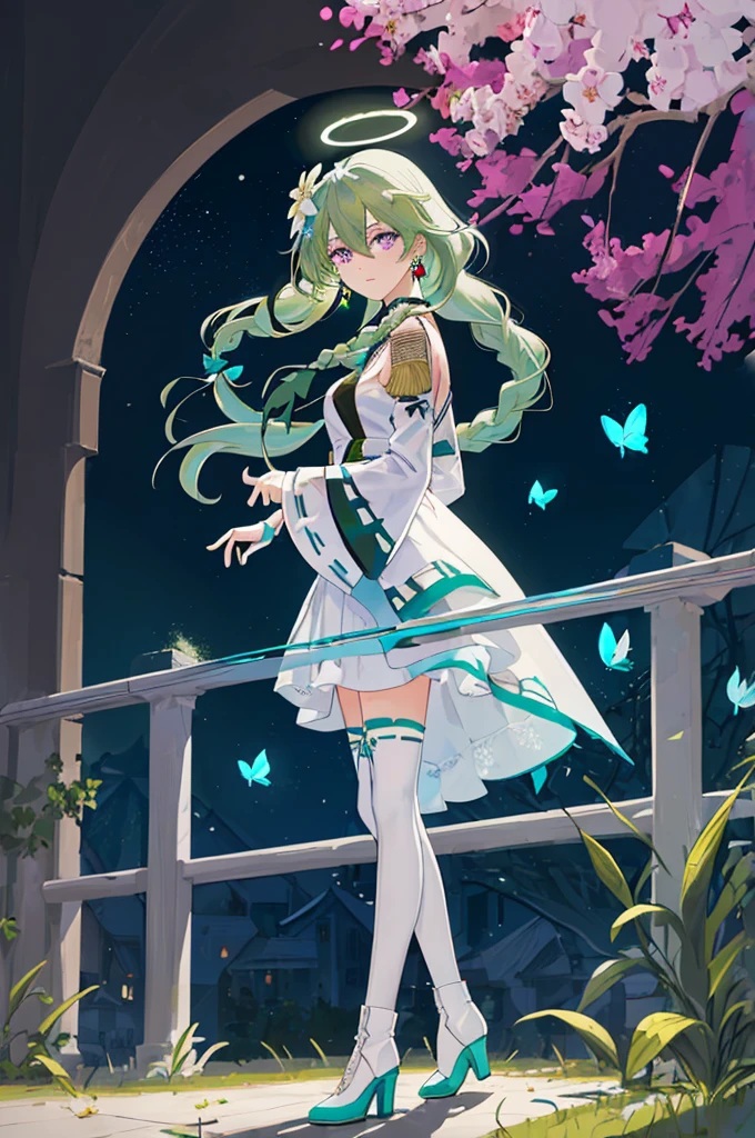 (Masterpiece, Best Quality: 1.4), white Background, Long Hair, Jewelry, Earrings, Necklace, Bride, ((green Hair)), Halo, (Overlook), Dynamic Angle, Ultra Detailed, Illustration, Close Up, Direct Look, 1girl, (Fantasy: 1.4), (Purple Eyes: 1.233), Her Eyes Shine Like Dreamy Stars, (Glow Eyes: 1.233), (Beautiful and Delicate Eyes: 1.1), (green Hair: 1.4), (Messy Hair, Very Long Hair, French braids, hair between the eyes, side hair), (+(white hair flower: 1.14)), (chiffon dress, uniform white flower pattern)/= (military uniform: 1.24), (fingerless gloves), choker, (miko thighhighs), high heeled boots, (expressionless, shut up), (standing), (white flowers, blooming),(Ruins),(Night:1.2),dreamy,Soul,(fluorescent),(Flying Translucent Blue Butterfly:1.15),[Delicate Fingers and Hands:0.55]::0.85], (Finger Detail), (Yubao:0.5),((town background)),((full body)),((turquoise hair)),green hair,((green hair)),night,near the river,Walking in the distance,