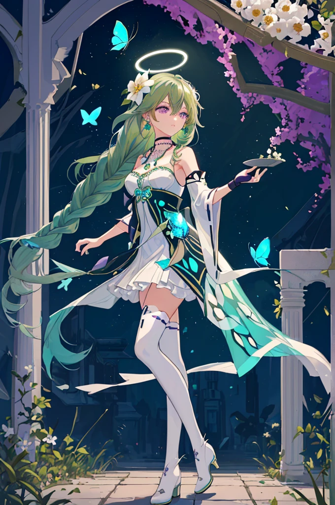 (Masterpiece, Best Quality: 1.4), white Background, Long Hair, Jewelry, Earrings, Necklace, Bride, ((green Hair)), Halo, (Overlook), Dynamic Angle, Ultra Detailed, Illustration, Close Up, Direct Look, 1girl, (Fantasy: 1.4), (Purple Eyes: 1.233), Her Eyes Shine Like Dreamy Stars, (Glow Eyes: 1.233), (Beautiful and Delicate Eyes: 1.1), (green Hair: 1.4), (Messy Hair, Very Long Hair, French braids, hair between the eyes, side hair), (+(white hair flower: 1.14)), (chiffon dress, uniform white flower pattern)/= (military uniform: 1.24), (fingerless gloves), choker, (miko thighhighs), high heeled boots, (expressionless, shut up), (standing), (white flowers, blooming),(Ruins),(Night:1.2),dreamy,Soul,(fluorescent),(Flying Translucent Blue Butterfly:1.15),[Delicate Fingers and Hands:0.55]::0.85], (Finger Detail), (Yubao:0.5),((town background)),((full body)),((turquoise hair)),green hair,((green hair)),night,near the river,Walking in the distance,