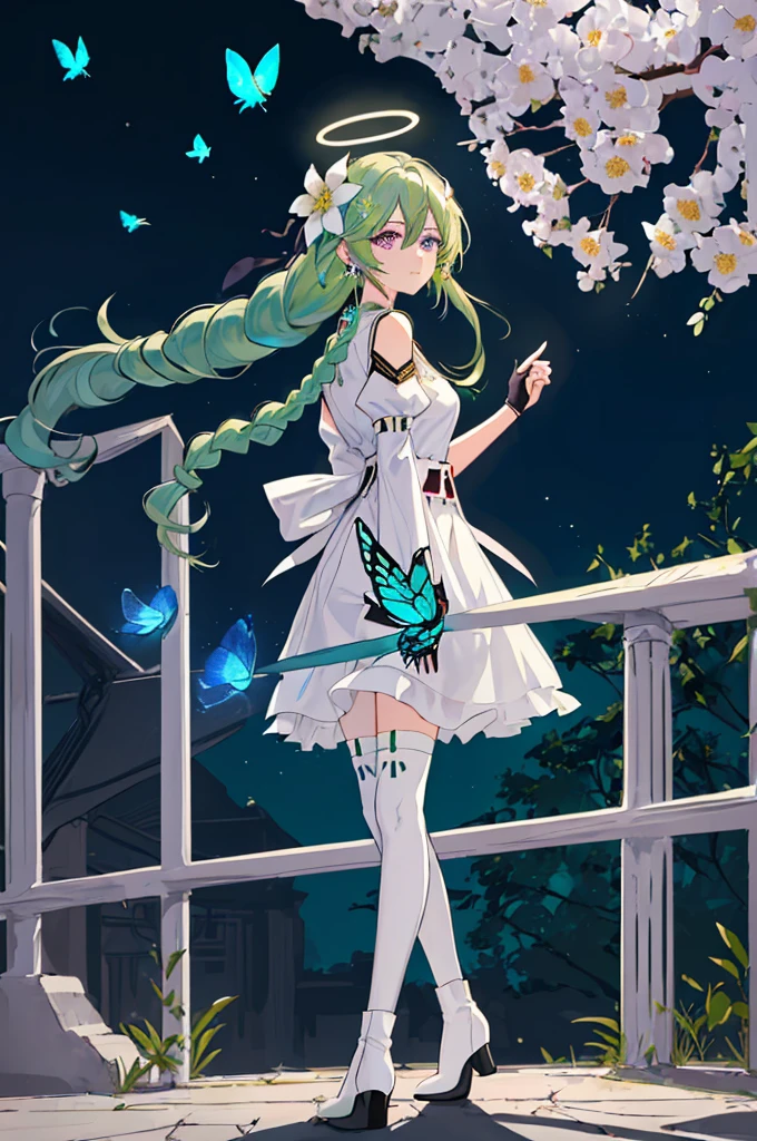 (Masterpiece, Best Quality: 1.4), white Background, Long Hair, Jewelry, Earrings, Necklace, Bride, ((green Hair)), Halo, (Overlook), Dynamic Angle, Ultra Detailed, Illustration, Close Up, Direct Look, 1girl, (Fantasy: 1.4), (Purple Eyes: 1.233), Her Eyes Shine Like Dreamy Stars, (Glow Eyes: 1.233), (Beautiful and Delicate Eyes: 1.1), (green Hair: 1.4), (Messy Hair, Very Long Hair, French braids, hair between the eyes, side hair), (+(white hair flower: 1.14)), (chiffon dress, uniform white flower pattern)/= (military uniform: 1.24), (fingerless gloves), choker, (miko thighhighs), high heeled boots, (expressionless, shut up), (standing), (white flowers, blooming),(Ruins),(Night:1.2),dreamy,Soul,(fluorescent),(Flying Translucent Blue Butterfly:1.15),[Delicate Fingers and Hands:0.55]::0.85], (Finger Detail), (Yubao:0.5),((town background)),((full body)),((turquoise hair)),green hair,((green hair)),night,near the river,Walking in the distance,