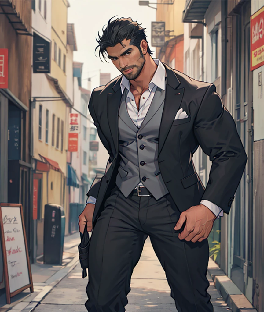 One man, Ruggedly handsome older man DILF, with black hair. Dominant, Confident, portrait shot. Stood in street, wearing a tight suit, 8k