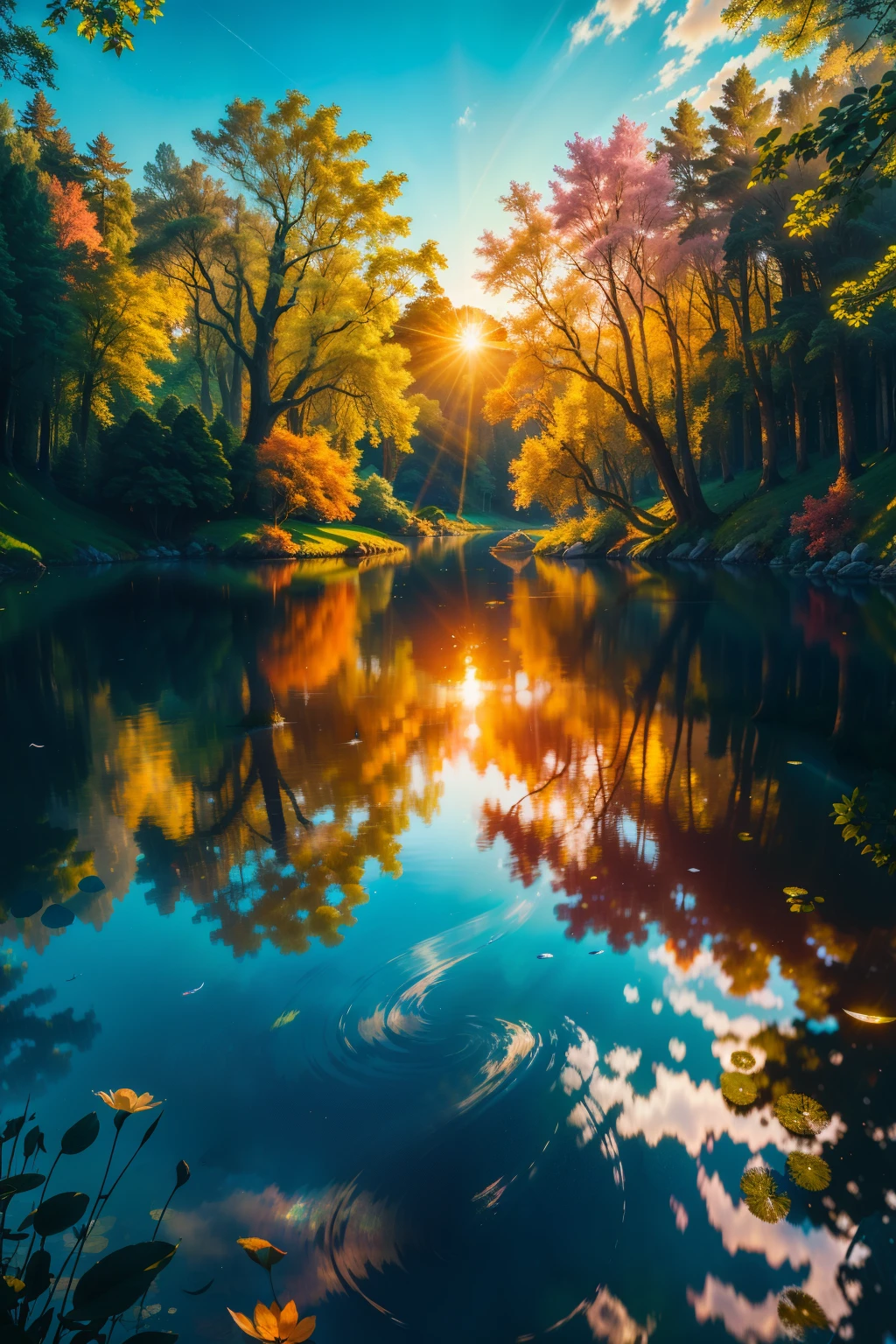 Create a breathtaking, high-definition image rendered in 4K resolution, employing the image realist model, showcasing a serene, crystal-clear lake. Surrounding the lake are vibrant, flourishing trees, their leaves and blossoms casting a kaleidoscope of colors on the tranquil water's surface. The sun's rays dot the lake and tree reflections, adding a radiant, almost ethereal quality to the scene. As the light dances upon the water, it creates shimmering, prismatic effects that enchant the viewer, capturing the essence of a perfect, sunlit day. The details of the scene are meticulously rendered