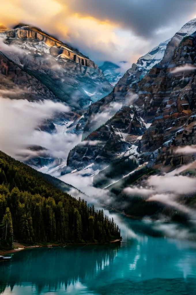 mountainous_horizon conifer forest misty cloudscapes road mountain cliffs
