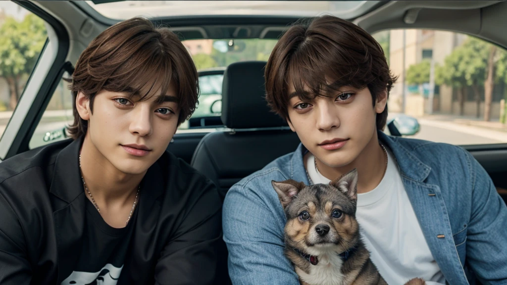 Taehyung y Jungkook en un auto con un perrito