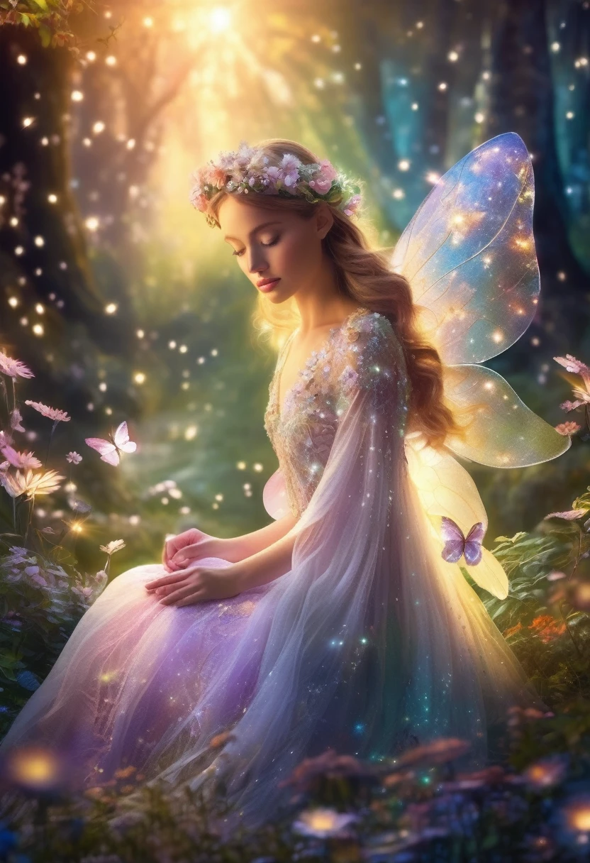 (best quality,4k,8k,highres,masterpiece:1.2),ultra-detailed,(realistic,photorealistic,photo-realistic:1.37),whimsical fairy wonderland,abstract art,pastel shades,subtle blending,harmonious,ethereal,airy,floral patterns,floating fairy wings,magical atmosphere,enchanted forest,sunlit meadow,sparkling dewdrops,creating a dreamy scene,soft and delicate brushstrokes,the delicate interplay of light and shadow,delightful whimsy,charming characters frolicking,playful woodland creatures,mystical glow,imagination comes to life,translucent petals,golden halos,soft pastel colors,fairy dust,the flicker of fireflies,soft sunlight streaming through the trees,luminous moonlight,serene and tranquil ambiance,fantastical beauty,trail of glitter,enchanted waterfall,dancing beams of sunlight,whispering trees,ethereal glow,surreal dreamland,floating petals in the breeze,ethereal music,peaceful whispers of nature,magical journey through a mythical land,fantasy realm bathed in gentle hues,mystic charm,twinkling stars illuminating the night sky,magical doorways to other worlds,fairy wings glimmering in the moonlight,delicate and intricate details,whimsical creatures hiding in every corner,wonder and enchantment fill the air,fantasy creatures coming to life,imaginative and playful strokes of the brush,blissful harmony of colors and shapes,unleash your imagination with this whimsical masterpiece.