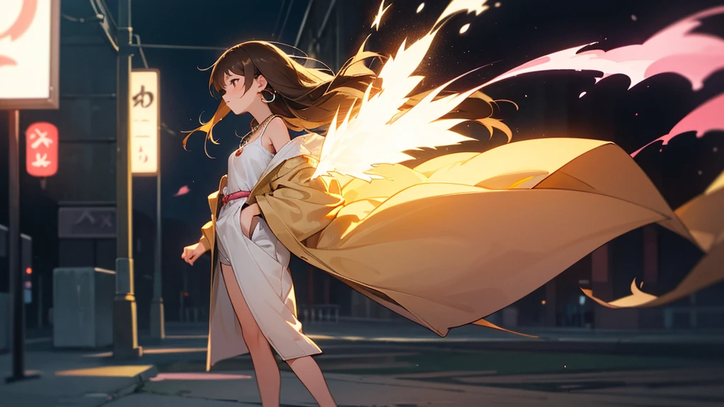 A high-quality, natural photo of a beautiful Japanese teenage girl with a round, youthful face and a healing aura. She has long, silky brown hair and is wearing a beige cardigan over a white camisole. She has a single-point necklace and earrings. The background is a neon-lit night street, and she is looking into the distance with a thoughtful expression. Full body shot.