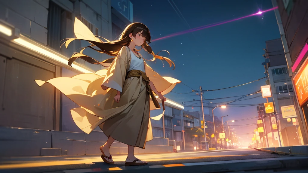 A high-quality, natural photo of a beautiful Japanese age girl with a round, youthful face and a healing aura. She has long, silky brown hair and is wearing a beige cardigan over a white camisole. She has a single-point necklace and earrings. The background is a neon-lit night street, and she is looking into the distance with a thoughtful expression. Full body shot.