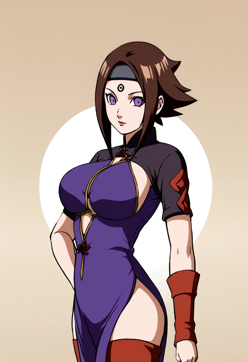 Naruto style illustration of ninja from the leaf village, beautiful with long brown hair, beautiful breasts, perfect body, purple eyes