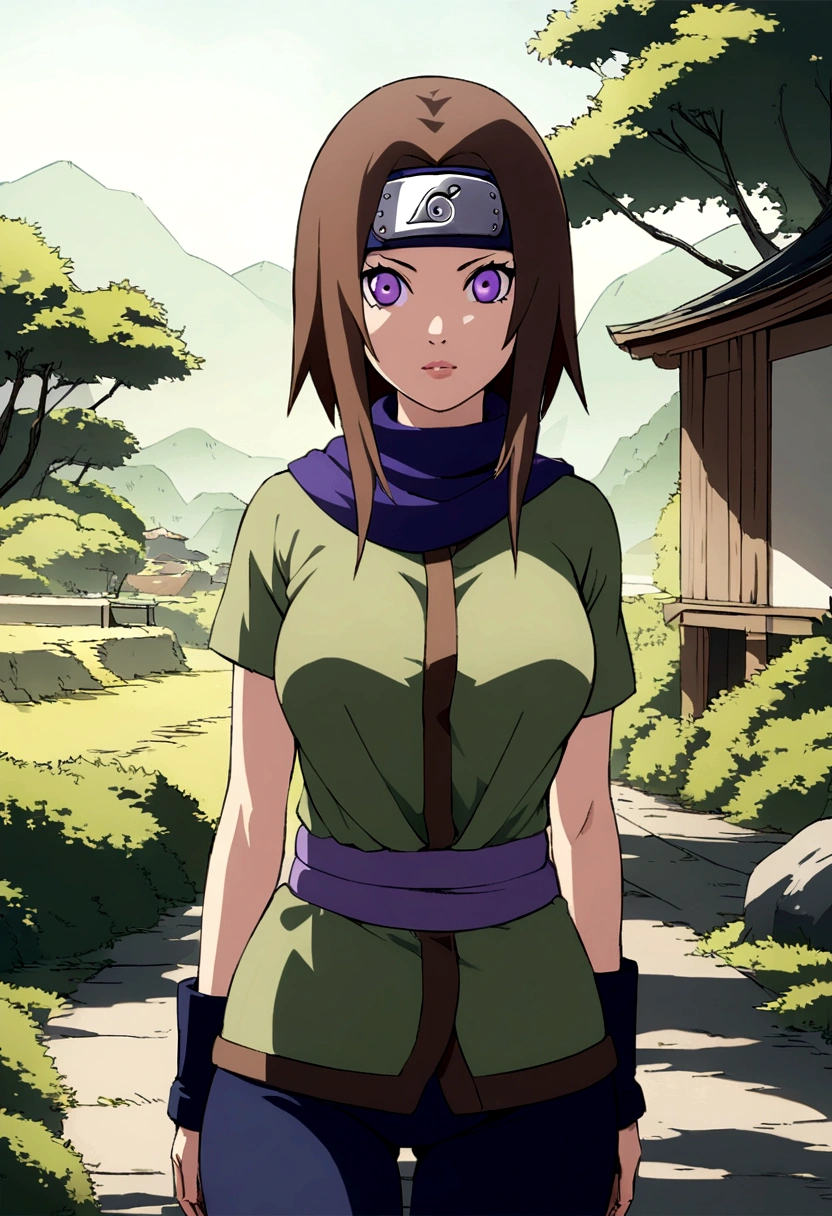 Naruto style illustration of ninja from the leaf village, beautiful with long brown hair, beautiful breasts, perfect body, purple eyes