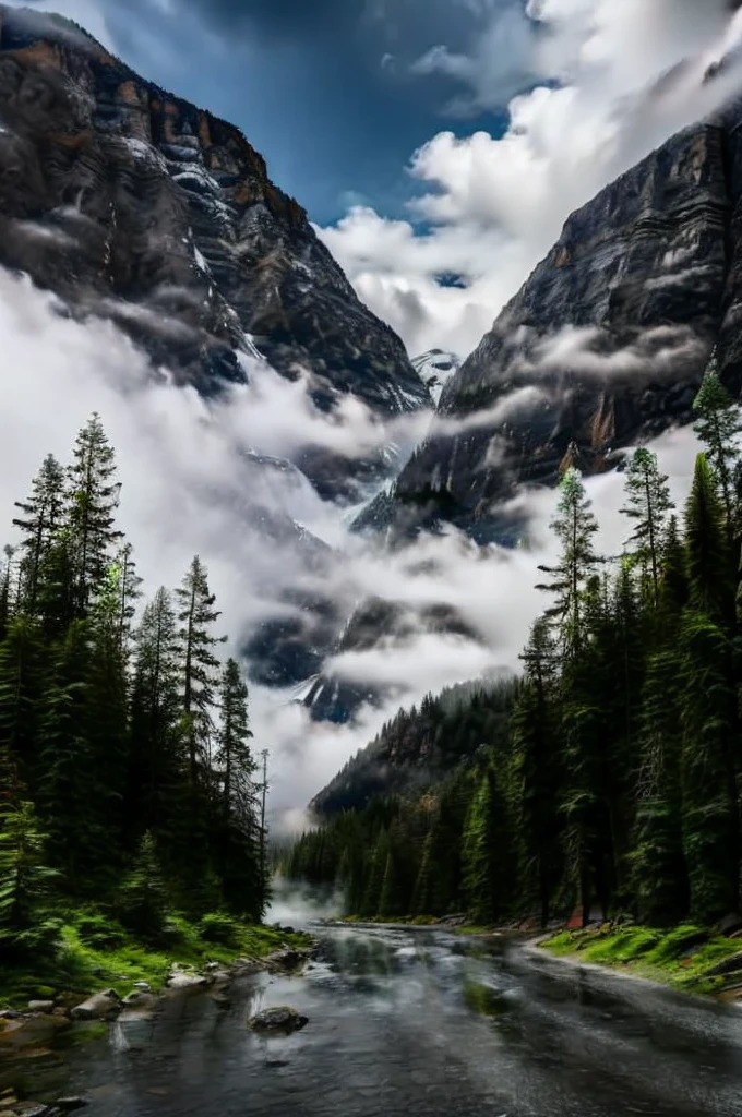 conifer forest misty cloudscapes road mountain clifs