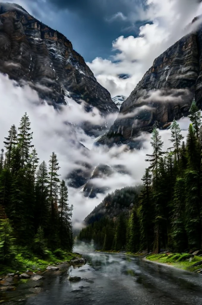 conifer forest misty cloudscapes road mountain clifs