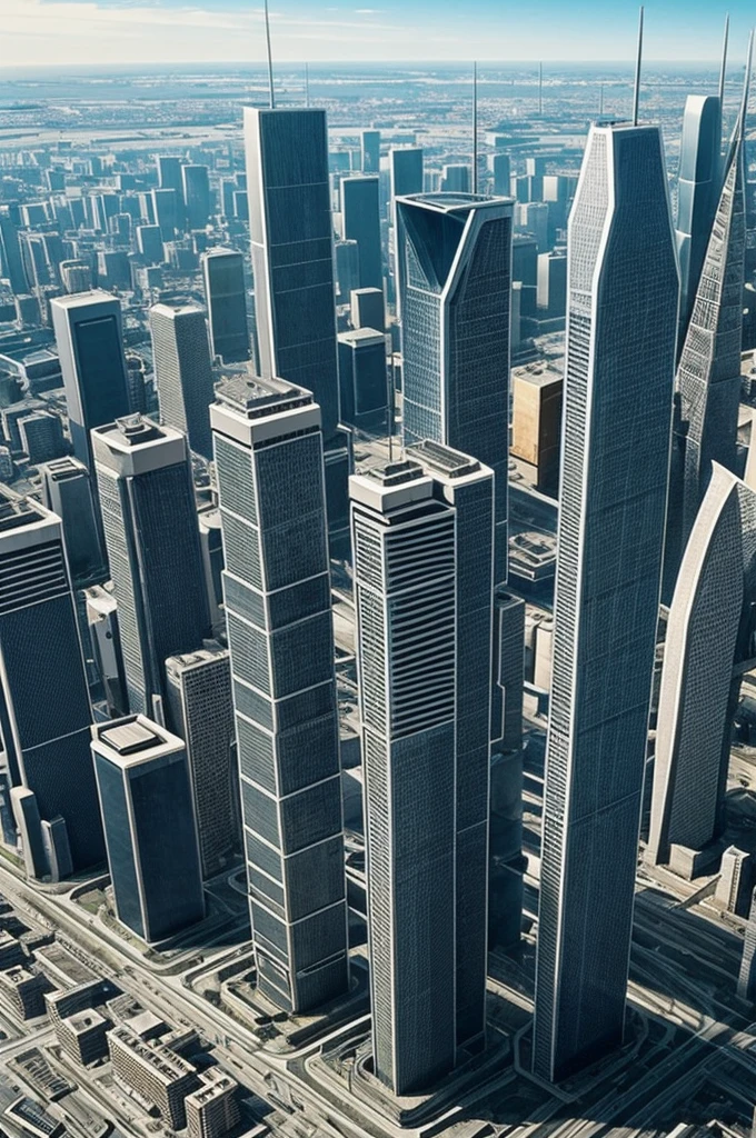 Haz un dibujo con tres puntos de fuga de una ciudad futurista con muchos edificios