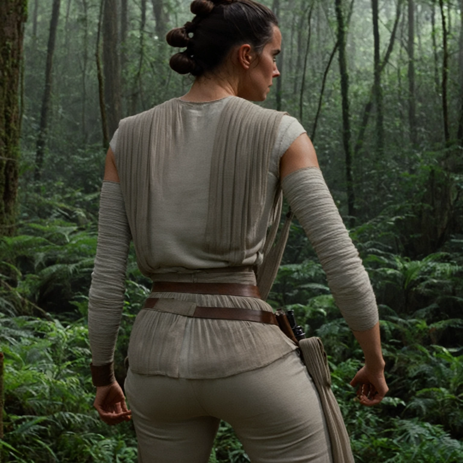 cinematic film still rey, scavenger, highly detailed, high budget Hollywood movie by barry jenkins, ((she is showing her very small ass)), nsfw, solo 1 woman, ass is focus but its still covered in the pants, (sideprofile), rey wears a more light outfit