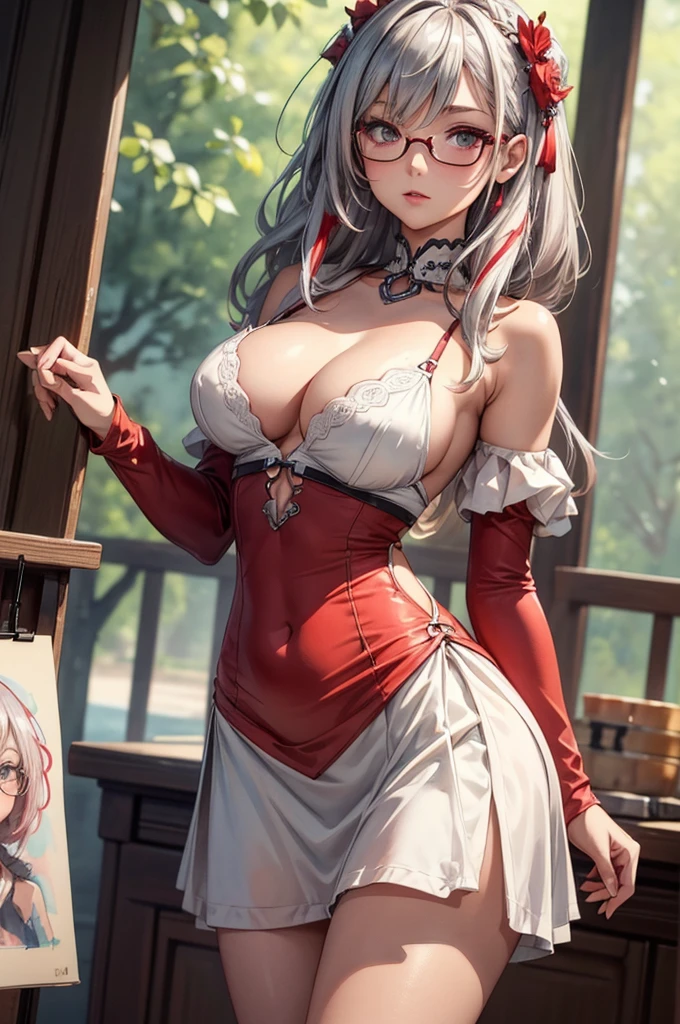((Sketch)), ((Watercolor)),((best quality)) ((best quality)), ((masterpiece)), (detailed), HD, Highly Detailed, 4k image, anime style, beautiful young girl, tanned white skin, waist-length silver-red colored hair wirh red highlights at the edges, soft facial features, heterochromatic eyes(left eye: silver)(right eye: red), gothic sundress, cherry red plump lips, large E-cup breasts, short height(150cm). wide hips and large round ass, silver round-frame glasses