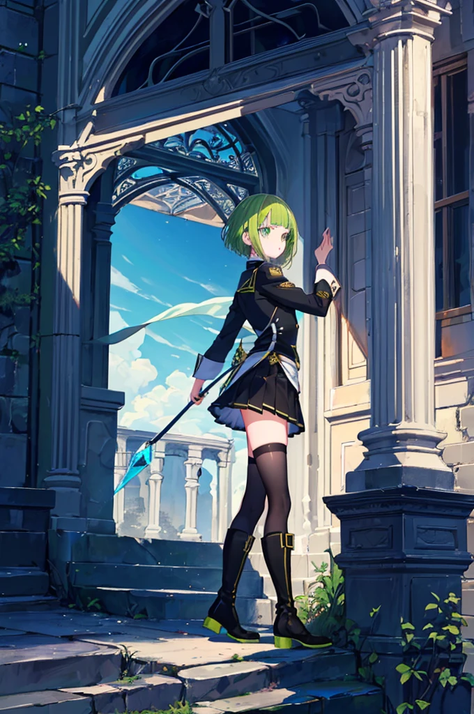 [(with a cathedral background:1.4)::5],original,(shape:1.1),(highest quality),(Tabletop:1.1),(Highly detailed CG Unity 8k wallpaper:1.1), (colorful:0.9),(Mid Shot:0.95),(very detailed beautiful whole body),Dynamic Angle,(alone:1.2), (girl),(((Adult))), (Beautiful eyes in every detail:1.15), (Beautiful Face:1.15), (Glowing green eyes:1.25////),(Gemstone Eyes),(Green Short Hair),(Blunt bangs),((The girl wear a black knight uniform)),Realistic,, girl,Green Hair,((Black long boots)), Black mini skirt,Black knee socks(rage),(Contempt and contempt),rage,(beautiful slender girl),((Adult)),((whole body)),Valkyrie, Decorations,((Thin legs)),((slender girl)),Front Angle,Front Angle,