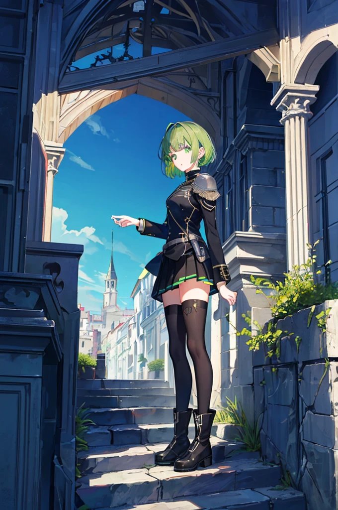 [(with a cathedral background:1.4)::5],original,(shape:1.1),(highest quality),(Tabletop:1.1),(Highly detailed CG Unity 8k wallpaper:1.1), (colorful:0.9),(Mid Shot:0.95),(very detailed beautiful whole body),Dynamic Angle,(alone:1.2), (girl),(((Adult))), (Beautiful eyes in every detail:1.15), (Beautiful Face:1.15), (Glowing green eyes:1.25////),(Gemstone Eyes),(Green Short Hair),(Blunt bangs),((The girl wear a black knight uniform)),Realistic,, girl,Green Hair,((Black long boots)), Black mini skirt,Black knee socks(rage),(Contempt and contempt),rage,(beautiful slender girl),((Adult)),((whole body)),Valkyrie, Decorations,((Thin legs)),((slender girl)),Front Angle,Front Angle,