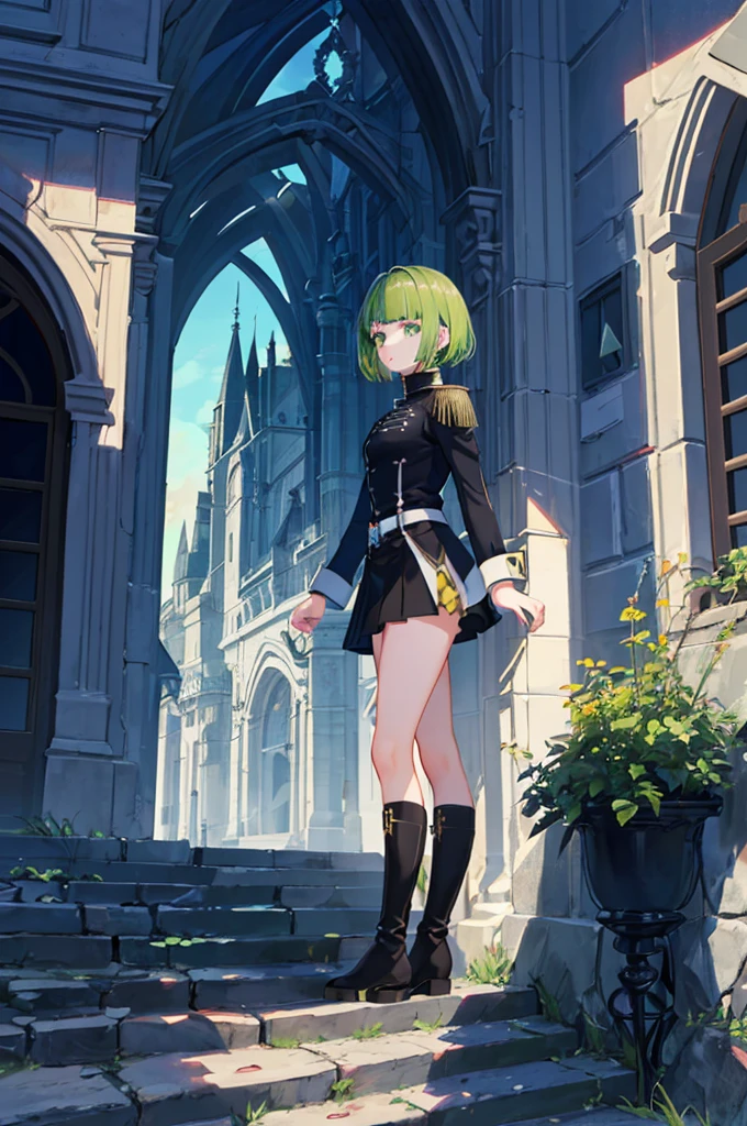 [(with a cathedral background:1.4)::5],original,(shape:1.1),(highest quality),(Tabletop:1.1),(Highly detailed CG Unity 8k wallpaper:1.1), (colorful:0.9),(Mid Shot:0.95),(very detailed beautiful whole body),Dynamic Angle,(alone:1.2), (girl),(((Adult))), (Beautiful eyes in every detail:1.15), (Beautiful Face:1.15), (Glowing green eyes:1.25////),(Gemstone Eyes),(Green Short Hair),(Blunt bangs),((The girl wear a black knight uniform)),Realistic,, girl,Green Hair,((Black long boots)), Black mini skirt,Black knee socks(rage),(Contempt and contempt),rage,(beautiful slender girl),((Adult)),((whole body)),Valkyrie, Decorations,((Thin legs)),((slender girl)),Front Angle,Front Angle,